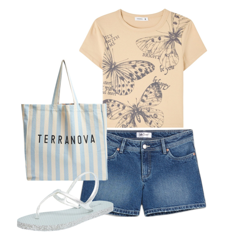 Outfit donna - Pomeriggio. Stile Casual per Tutti i giorni. Abbinamento con shorts, sandali, t-shirt, borse tote.