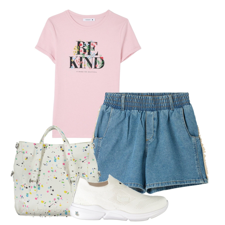 Outfit donna - Be kind. Stile Basic per Tutti i giorni. Abbinamento con shorts, t-shirt, sneakers, borse a spalla.