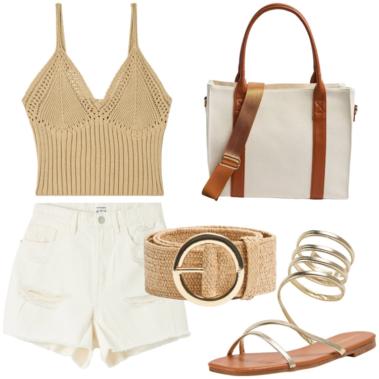 Outfit donna - Concerto in spiaggia. Stile Boho per Tutti i giorni. Abbinamento con shorts, top, shopping bag, cinture, sandali.