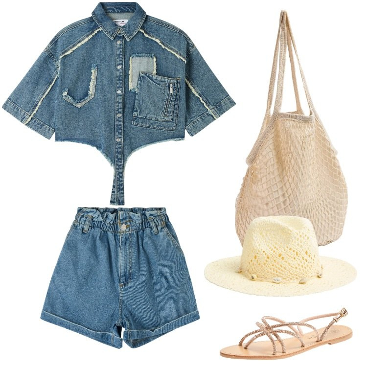 Outfit donna - Total look #1890126. Stile Trendy per Mare. Abbinamento con camicie a manica corta, borse a spalla, sandali, shorts, cappelli.