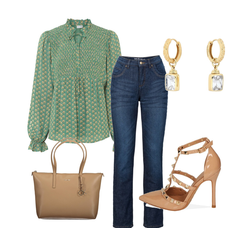 Outfit donna - Total look #1890140. Stile Glamour per Serata fuori. Abbinamento con jeans dritti, bluse, orecchini, décolleté, borse a spalla.