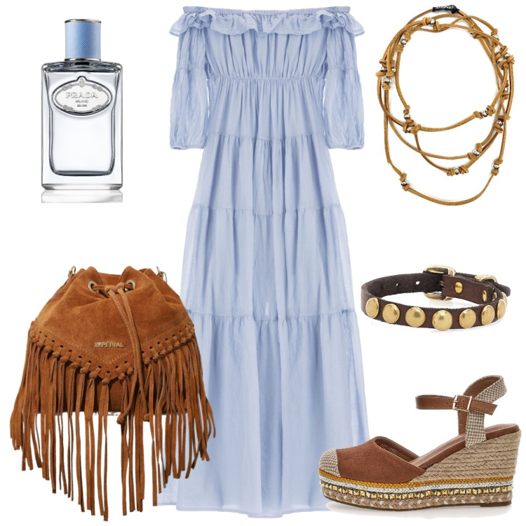 Outfit donna - In vacanza. Stile Boho per Tutti i giorni. Abbinamento con collane, braccialetti, profumi, borse a secchiello, vestiti lunghi, espadrillas.