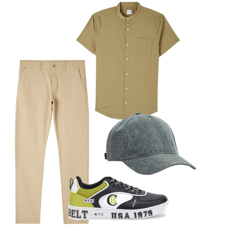Outfit uomo - City. Stile Casual per Tutti i giorni. Abbinamento con cappelli, camicie a manica corta, pantaloni chino, sneakers.