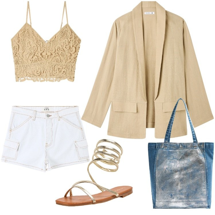 Outfit donna - Total look #1890156. Stile Sporty chic per Mare. Abbinamento con pantaloni corti, blazer, shopping bag, sandali, top.