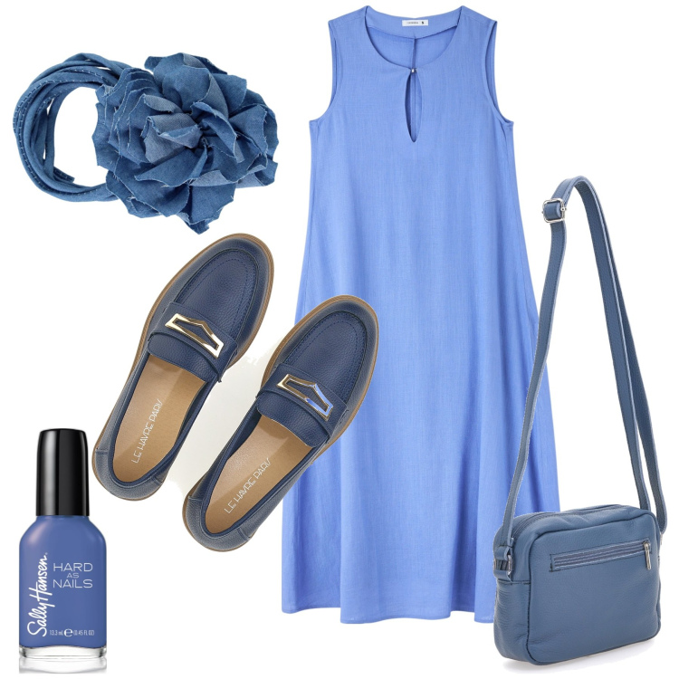Outfit donna - Per tutti i giorni. Stile Casual chic per Tutti i giorni. Abbinamento con smalti, vestiti senza maniche, collane, mocassini, borse a tracolla.