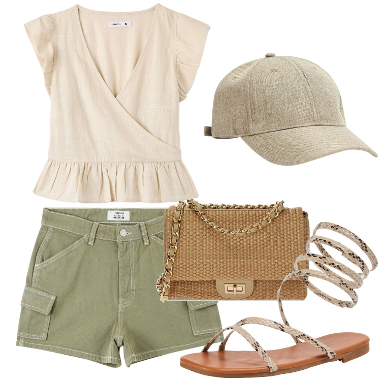 Outfit donna - Basica con gusto. Stile Glamour per Tutti i giorni. Abbinamento con pantaloni corti, bluse, cappelli, sandali, borse a tracolla.