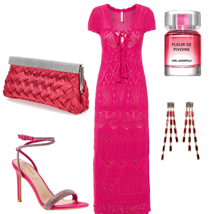 Outfit donna - Serata speciale. Stile Casual chic per Serata fuori. Abbinamento con orecchini, vestiti, profumi, sandali col tacco, pochette.