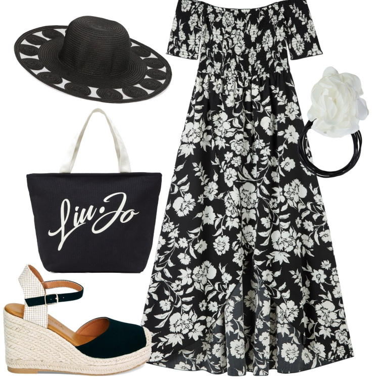 Outfit donna - Bianco e nero. Stile Romantica per Tutti i giorni. Abbinamento con vestiti lunghi, zeppe, cappelli, collane, shopping bag.