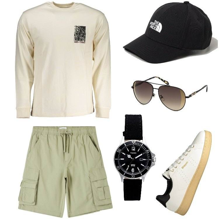 Outfit uomo - Total look #1890226. Stile Trendy per Tutti i giorni. Abbinamento con orologi, pantaloni corti, t-shirt, occhiali da sole, cappelli, sneakers.