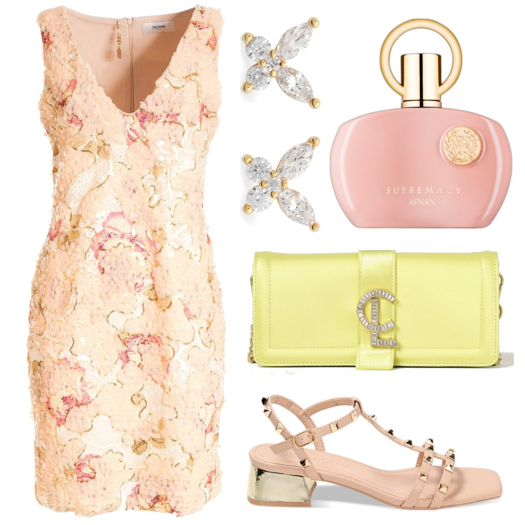 Outfit donna - Total look #1890244. Stile Romantica per Cerimonia. Abbinamento con profumi, vestiti a tubino, sandali col tacco, borse a tracolla, orecchini.