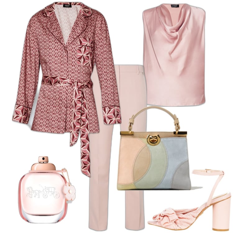 Outfit donna - Casual chic. Stile Casual chic per Tutti i giorni. Abbinamento con profumi, sandali col tacco, pantaloni, borse a mano, top, blazer.