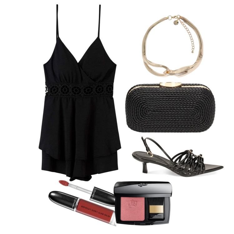Outfit donna - Ghost outfitter - giugno. Stile Glamour per Serata fuori. Abbinamento con rossetti, blush, tuta corta, clutch, sandali col tacco, collane.