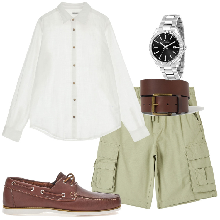 Outfit uomo - Oggi cosi. Stile Trendy per Tutti i giorni. Abbinamento con orologi, pantaloni corti, camicie, scarpe stringate, cinture.