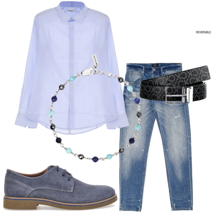 Outfit uomo - Pizza con gli amici. Stile Casual per Serata speciale. Abbinamento con braccialetti, camicie, jeans dritti, scarpe stringate, cinture.