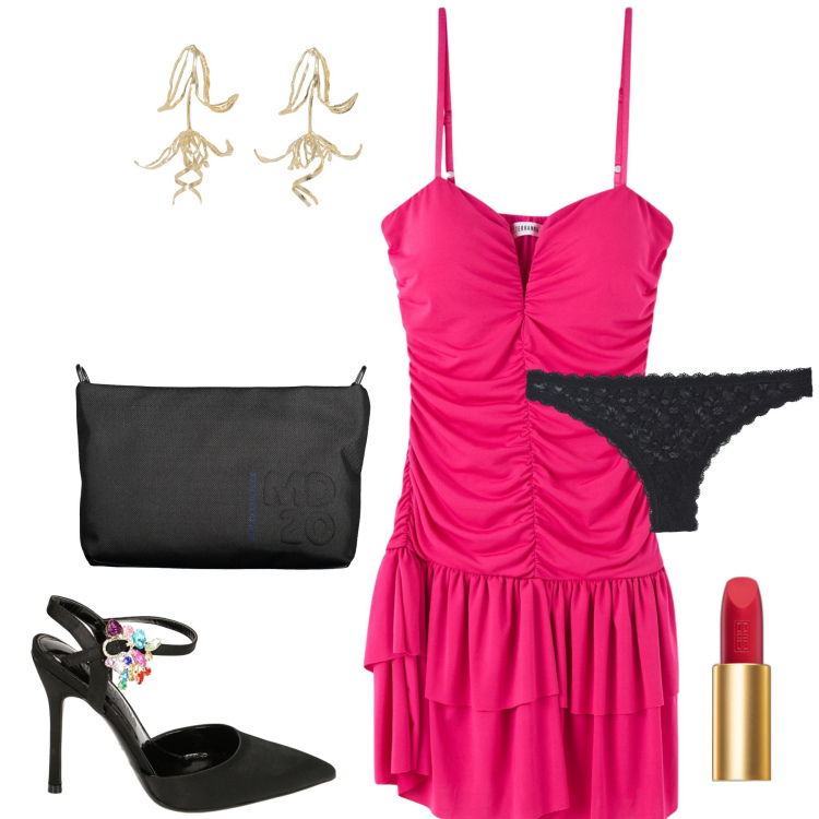 Outfit donna - Dancing total look. Stile Glamour per Serata fuori. Abbinamento con rossetti, vestiti, slip, décolleté, orecchini, pochette.