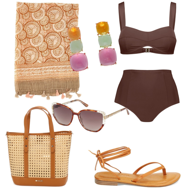 Outfit donna - Glam anche in spiaggia. Stile Glamour per Mare. Abbinamento con sandali, orecchini, bikini, borse a spalla, occhiali da sole, vestiti da spiaggia.
