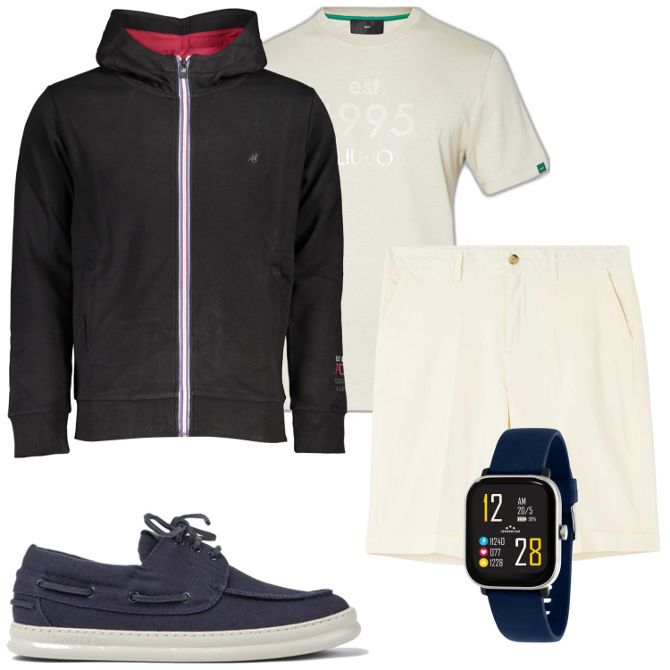 Outfit uomo - Giro in barca. Stile Casual per Mare. Abbinamento con orologi, bermuda, felpe con cappuccio, scarpe stringate, t-shirt.