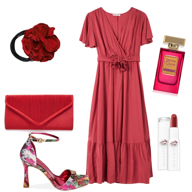 Outfit donna - Invitata colorata. Stile Glamour per Cerimonia. Abbinamento con rossetti, profumi, vestiti lunghi, décolleté, collane, pochette.