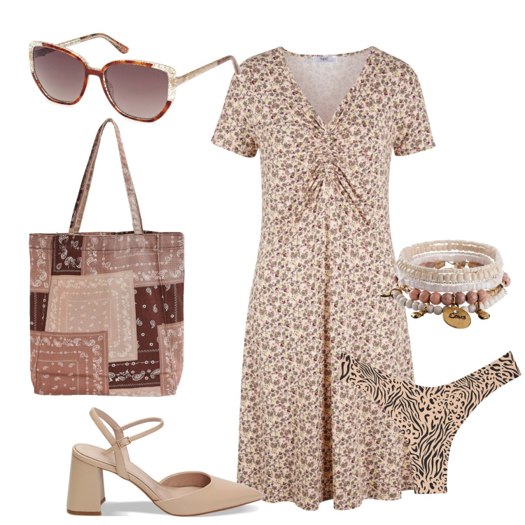 Outfit donna - Etnico total look. Stile Etnico per Tutti i giorni. Abbinamento con vestiti midi/longuette, braccialetti, shopping bag, culotte, décolleté, occhiali da sole.