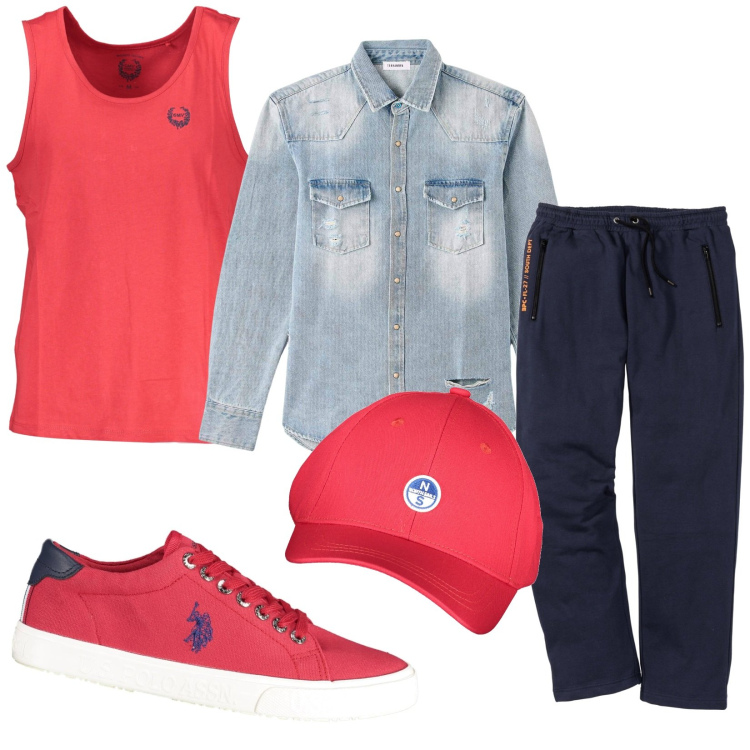 Outfit uomo - Comodamente. Stile Casual per Tutti i giorni. Abbinamento con pantaloni, camicie, scarpe sportive, cappelli con visiera, canottiere.