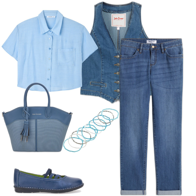 Outfit donna - Total look. Stile Basic per Tutti i giorni. Abbinamento con gilet, jeans dritti, braccialetti, camicie, ballerine, borse a mano.