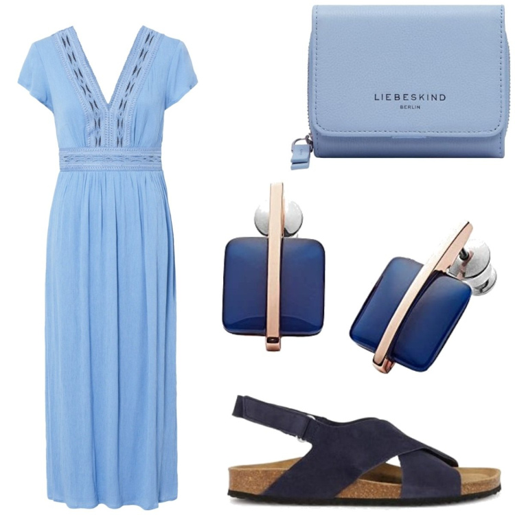 Outfit femme - Bleu casual. Style Casual pour Tous les jours. Assortir avec robes longues, sandales, boucles d'oreilles, sacs à main.
