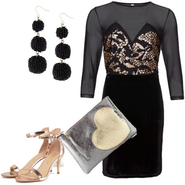 Outfit donna - Sexi con eleganza. Stile Sexy per Serata fuori. Abbinamento con vestito con scollo nero, orecchini a goccia nero, sandali nudo, pochette made italy effetto metallizzato con zip.
