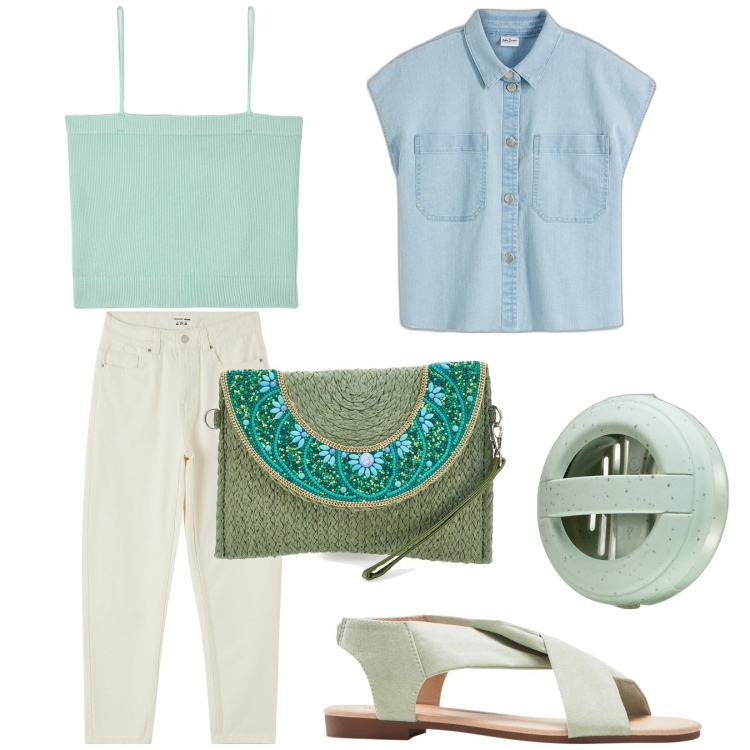 Outfit donna - Total look #1890444. Stile Trendy per Tutti i giorni. Abbinamento con camicie, sandali, jeans mom, canottiere, profumi, borse a tracolla.