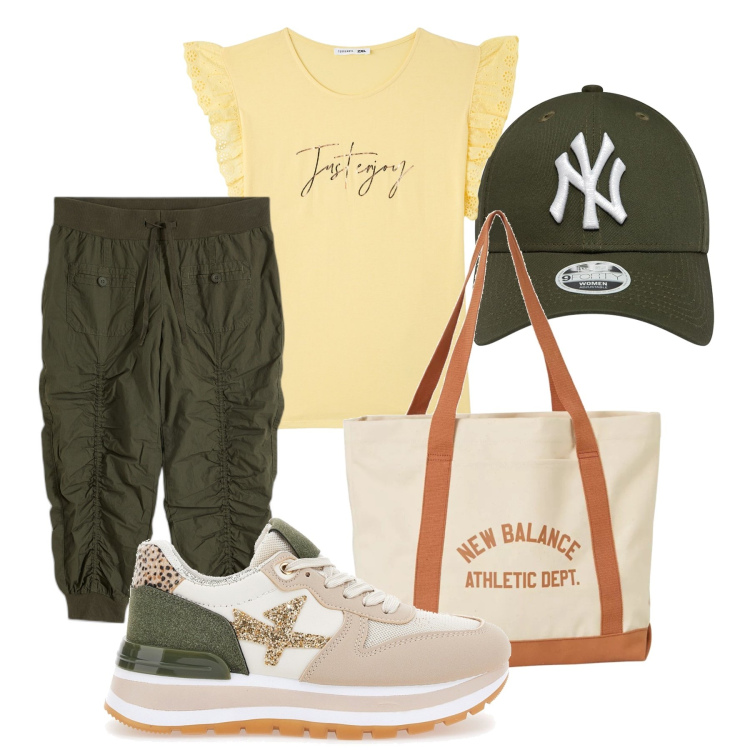 Outfit donna - Total look #1890447. Stile Urban per Tutti i giorni. look ideale per Tall. Abbinamento con pantaloni capri, t-shirt, borse tote, sneakers, cappelli.