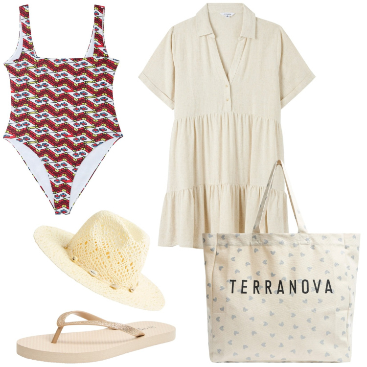 Outfit donna - Terranova Summer. Stile Boho per Mare. Abbinamento con vestiti chemisier, costumi interi, infradito, shopping bag, cappelli.