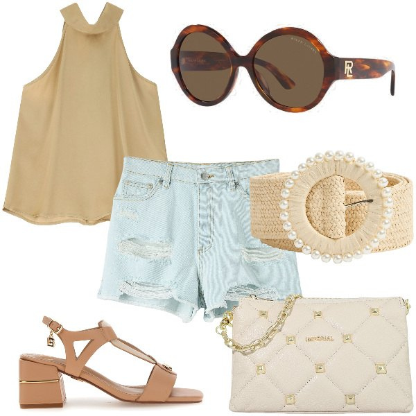Outfit donna - Total look #1890457. Stile Sexy per Tutti i giorni. Abbinamento con shorts, cinture, pochette, top, occhiali da sole, sandali col tacco.