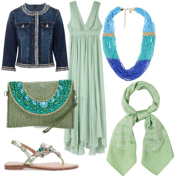 Outfit donna - Total look #1890463. Stile Romantica per Serata fuori. Abbinamento con blazer, vestiti lunghi, collane, sandali gioiello, borse a tracolla, foulard.