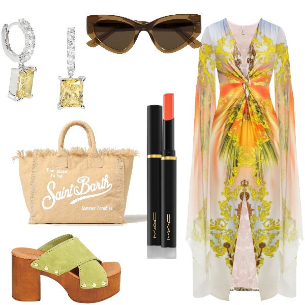 Outfit donna - Total look #1890468. Stile Boho per Serata fuori. Abbinamento con vestiti lunghi, rossetti, orecchini, sandali col tacco, occhiali da sole, borse a spalla.
