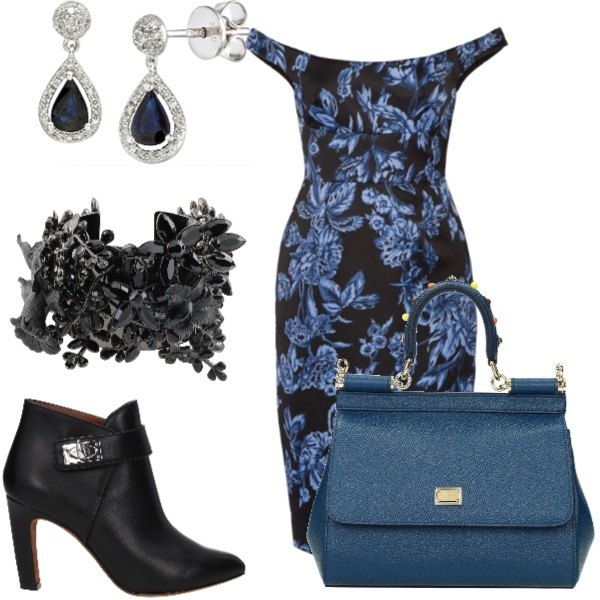 Outfit donna - Trendy #24691. Stile Trendy per Serata fuori. Abbinamento con braccialetto, vestito corto a trapezio fantasia floreale con zip interno foderato in raso rosa, borsa a mano con borchie e logo frontale blu, stivaletti, orecchini in oro bianco impreziosito.