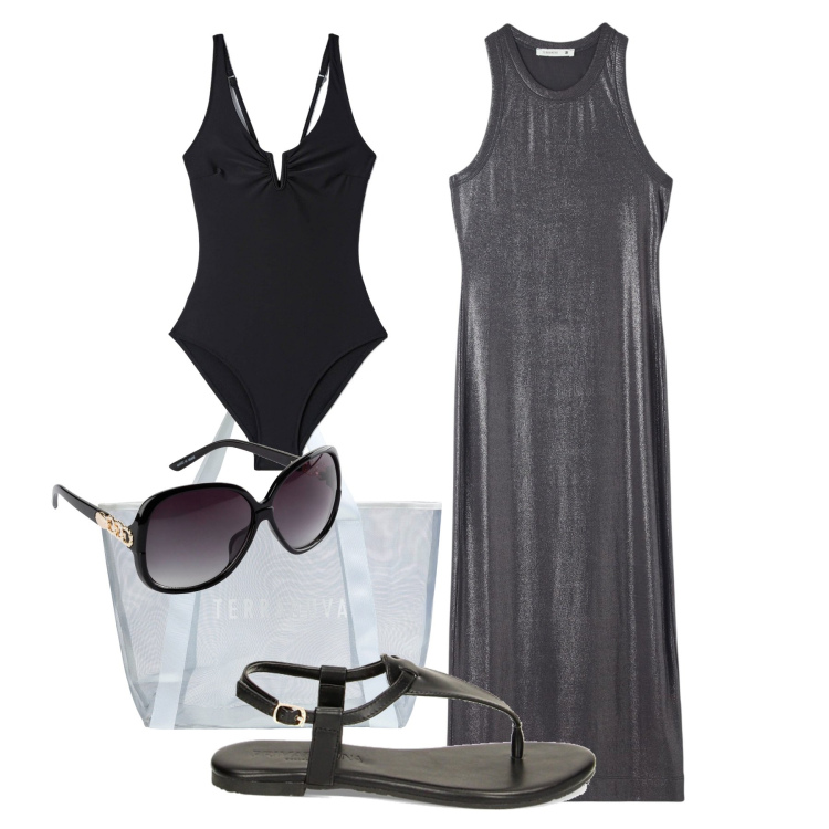 Outfit donna - Shark. Stile Minimal per Mare. Abbinamento con occhiali da sole, vestiti midi/longuette, costumi interi, shopping bag, ciabatte.