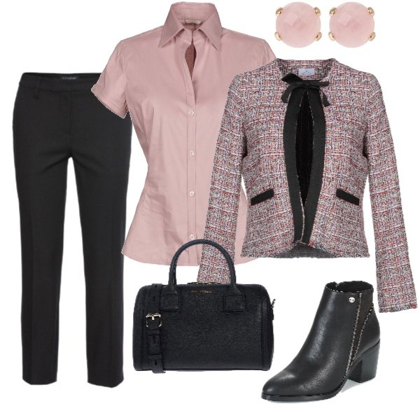 Outfit donna - Bon Ton #12991. Stile Bon Ton per Tutti i giorni. Abbinamento con pantaloni, blazer, camicia collo classico a maniche corte tinta unita, borsa a mano taglia media con zip interno foderato in pelle tinta unita, stivaletti nero, orecchini rosa.