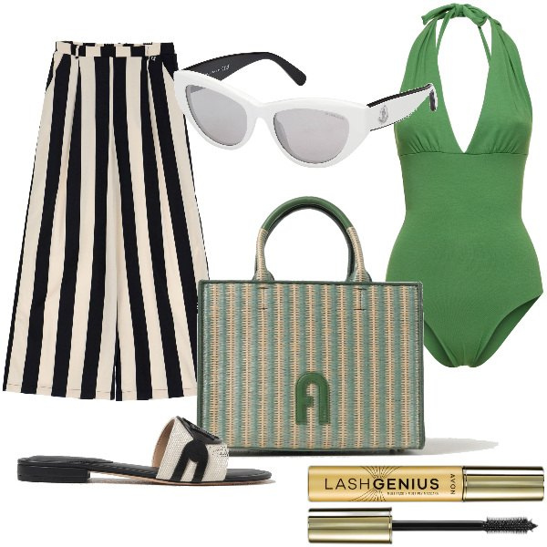 Outfit donna - Total look #1890511. Stile Trendy per Mare. Abbinamento con mascara, pantaloni a palazzo, costumi interi, sandali, borse tote, occhiali da sole.