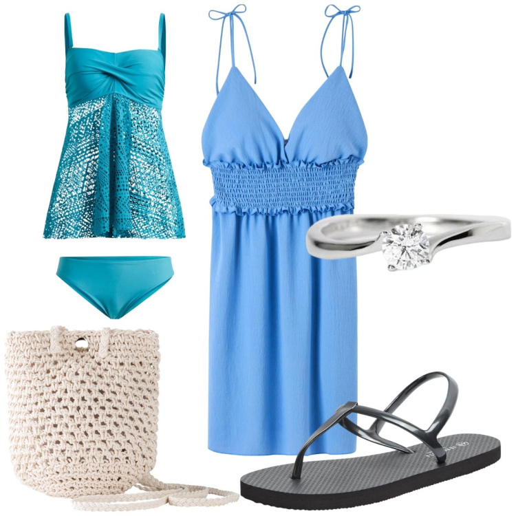 Outfit donna - Total look #1890523. Stile Trendy per Mare. Abbinamento con costumi interi, borse a tracolla, sandali, vestiti corti, anelli.