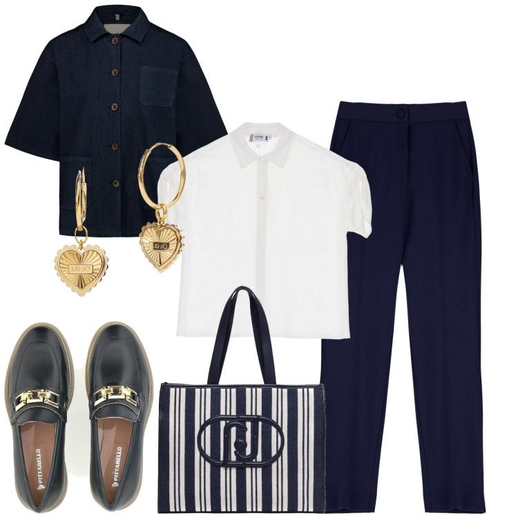 Outfit donna - In ufficio. Stile Casual chic per Ufficio. Abbinamento con camicie a manica corta, pantaloni, blazer, mocassini, borse tote, orecchini.