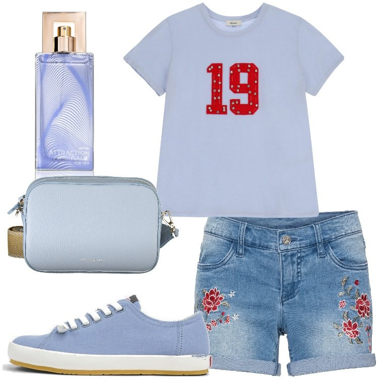 Outfit donna - Lavanda. Stile Basic per Tutti i giorni. Abbinamento con shorts, profumi, t-shirt, borse a tracolla, sneakers.