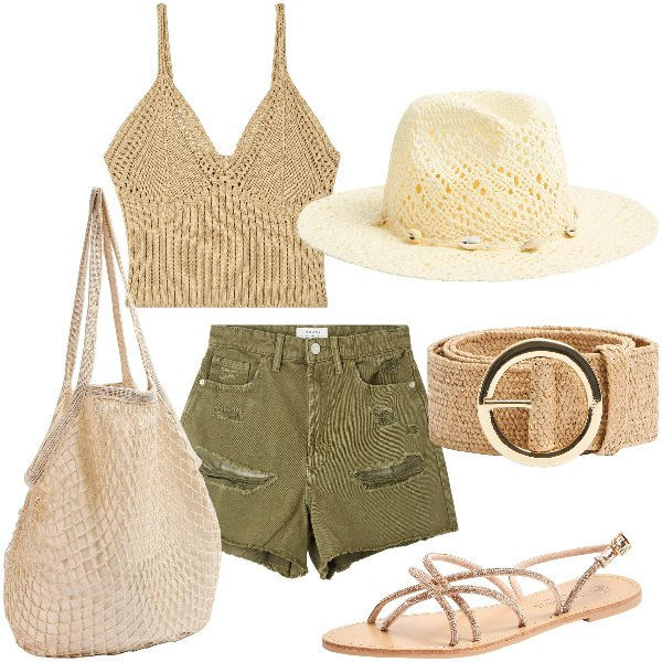 Outfit donna - Total look #1890604. Stile Boho per Tutti i giorni. Abbinamento con shorts, top, borse a spalla, sandali, cinture, cappelli.
