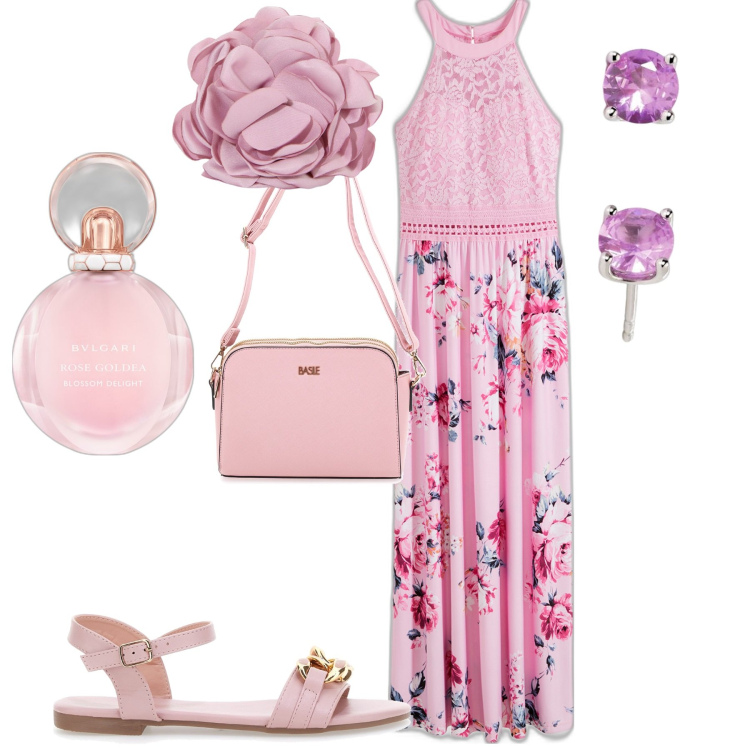 Outfit donna - Romantica in rosa. Stile Romantica per Tutti i giorni. Abbinamento con vestiti lunghi, profumi, orecchini, braccialetti, borse a tracolla, sandali.