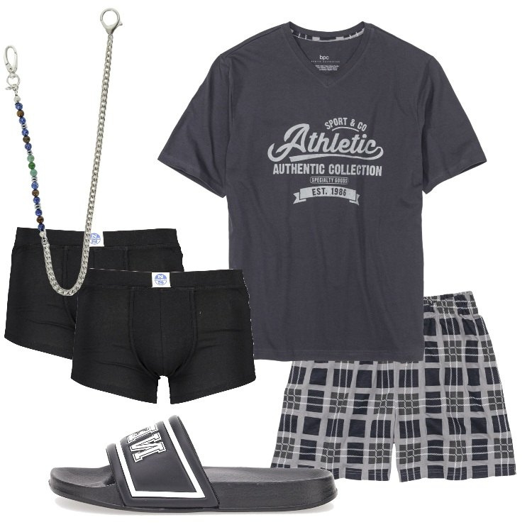 Outfit uomo - Homewear comodo. Stile Casual per Tutti i giorni. Abbinamento con abbigliamento da notte, collane, sandali, boxer.