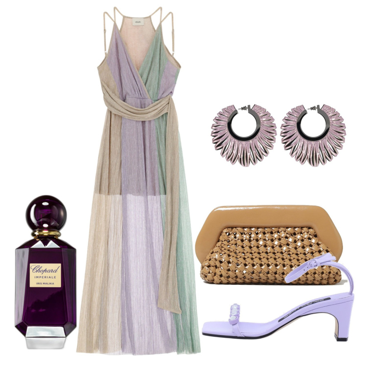 Outfit donna - Ghost outfitter - giugno. Stile Chic per Cerimonia. Abbinamento con profumi, vestiti lunghi, orecchini, pochette, sandali col tacco.