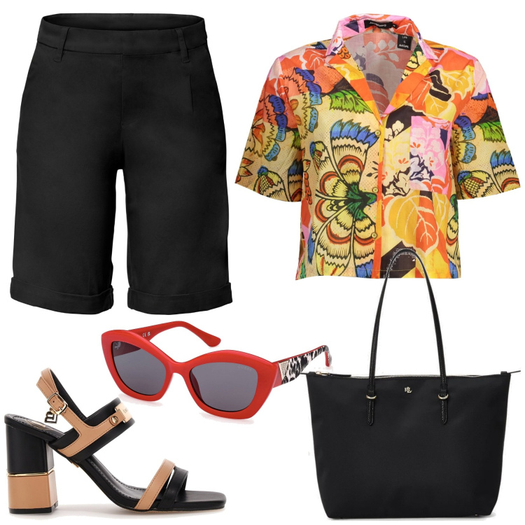 Outfit donna - Pittarello sandali. Stile Trendy per Tutti i giorni. Abbinamento con bermuda, borse tote, camicie a manica corta, sandali col tacco, occhiali da sole.