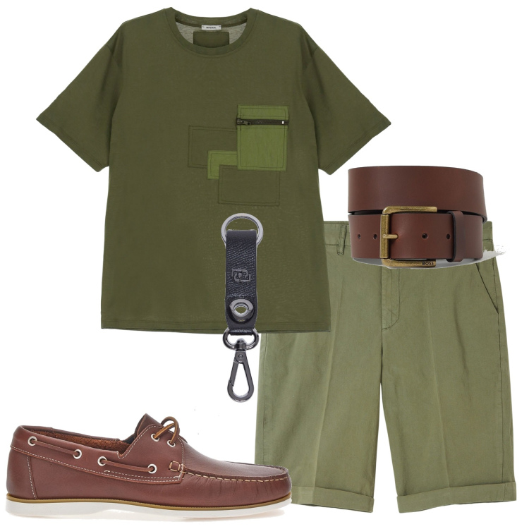 Outfit uomo - Verde militare. Stile Casual per Tutti i giorni. Abbinamento con bermuda, t-shirt, scarpe stringate, cinture, portachiavi.