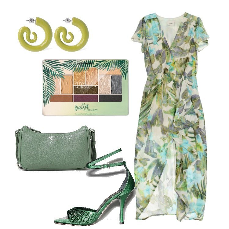 Outfit donna - Fresco verde. Stile Chic per Serata fuori. Abbinamento con ombretti, vestiti lunghi, borse a tracolla, orecchini, sandali col tacco.