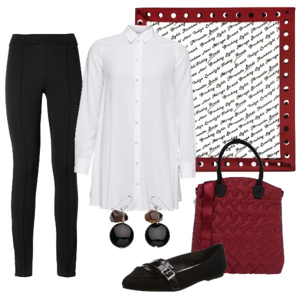 Outfit donna - Essenziale. Stile Basic per Ufficio. Abbinamento con camicie, pantalone con zip, borsa a mano maxi contrasto con zip interno foderato in tessuto tecnico tinta unita, foulard fantasia multicolore twill, ballerine nero, orecchini in sterling 925 argento.