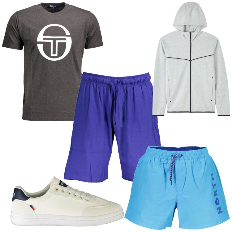 Outfit uomo - Total look #1890754. Stile Trendy per Mare. Abbinamento con felpe con cappuccio, t-shirt, sneakers, bermuda, costumi.
