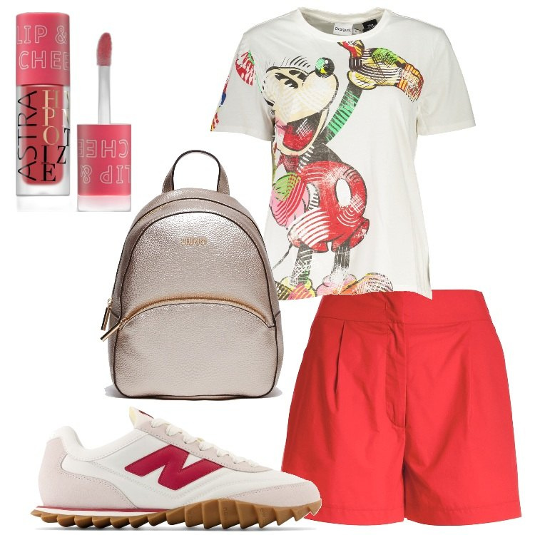 Outfit donna - Viva l\'estate!. Stile Basic per Tutti i giorni. Abbinamento con blush, sneakers, pantaloni corti, t-shirt, zaini.